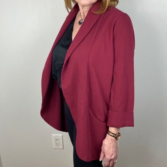 Love and Liberty Burgundy Crepe Blazer‎ Open Front Size Medium Stretch Cotton M - Picture 7 of 9